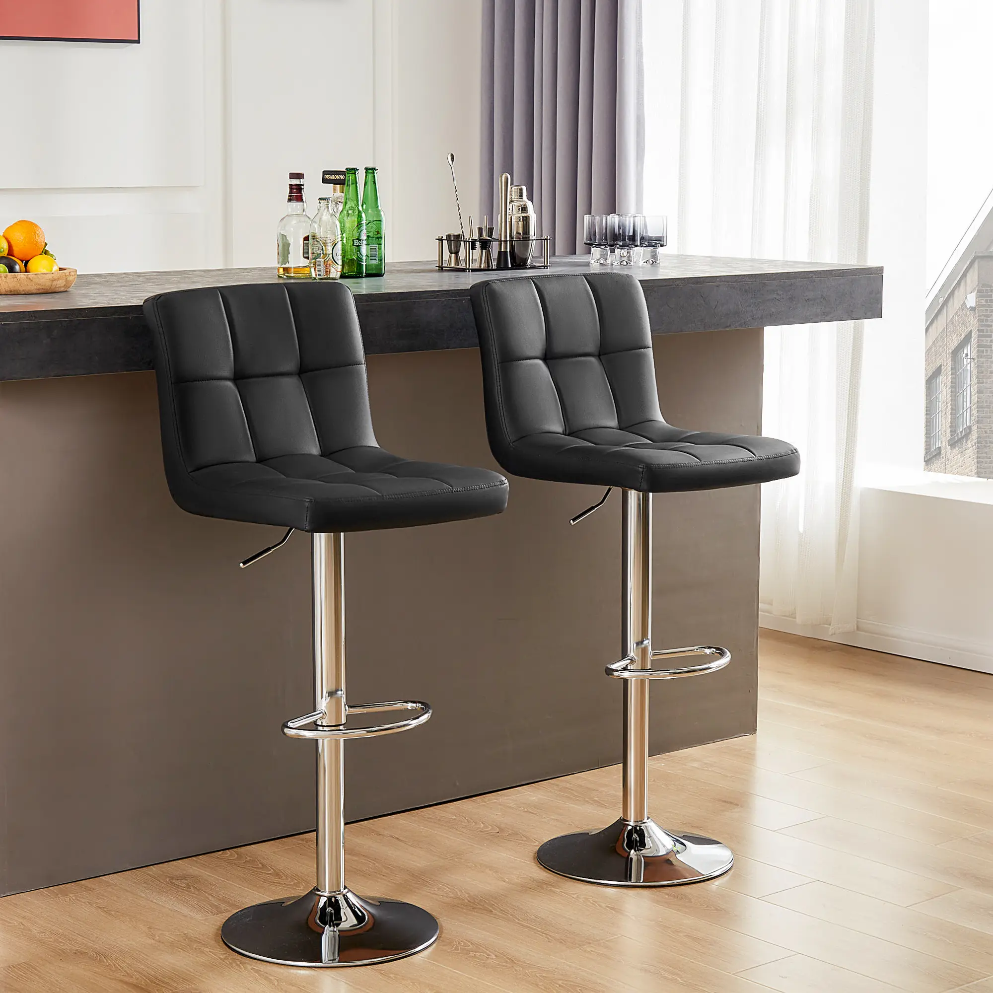 Adjustable Swivel Barstools , PU Leather, Hydraulic Kitchen Counter Height Bar Stools, Thickened Seat Cushion Square Island with Back