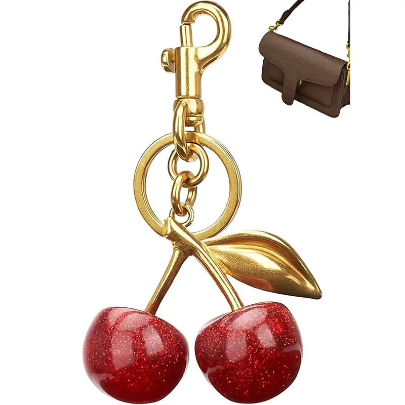 Cherry Bag Charm Keychain with Mini Bag Gift, Cute 3D Red Cherry Purse Charm, Gold Tone Key Ring Pendant for Handbag Backpack Car Keys, Fruit Bag Accessories for Women Girls