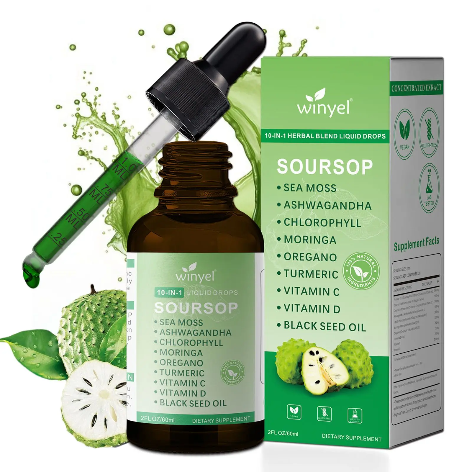 Soursop Liquid Drops Dietary Supplement with 10-in-1 Botanical Extract Blend, Vegan Vitamin Oil, 2 fl oz