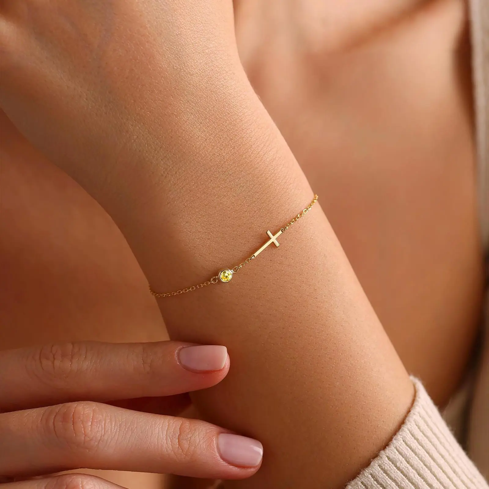 FUNEIA 14K Gold Plated Birthstone Bracelet for Women Adjustable Cross Charm Hypoallergenic Non-Tarnish Gift Nickel Free Cadmium Free