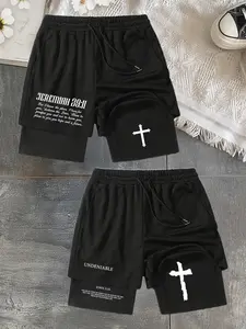 Men's 2-Pack Christian Performance Shorts - Jeremiah 29:11 & John 3:16 Bible Verse Print Black Layered Shorts, Faith Streetwear with Cross Graphic, Breathable Mesh Drawstring Waist Athletic Shorts, Perfect for Gym, Church and Summer Wear
