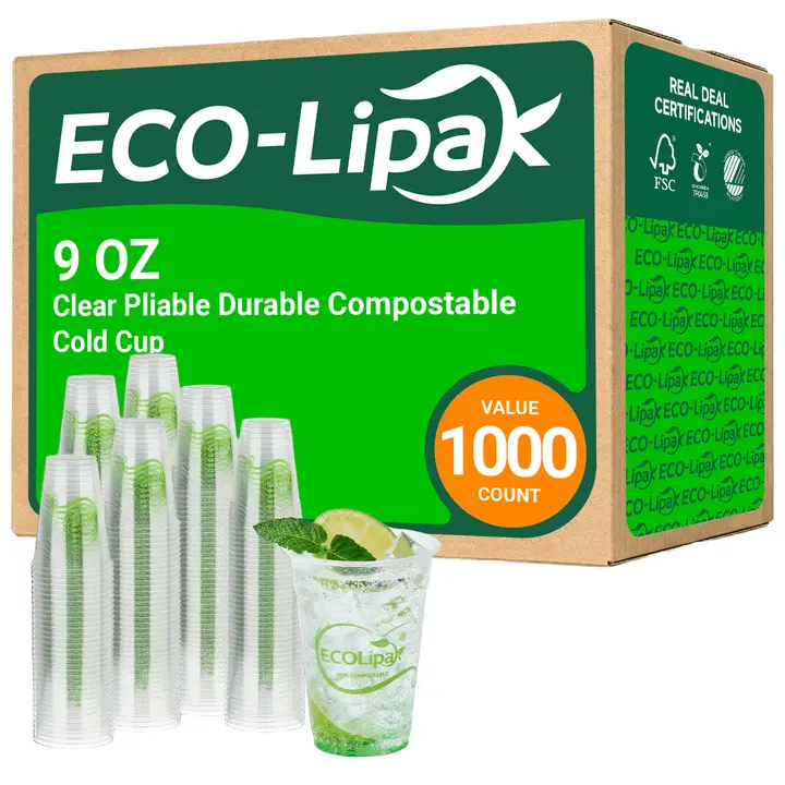 Compostable Clear Pliable Durable Cold Drink Cup - BPI Certified, PFAS-Free Kitchen Drinkware