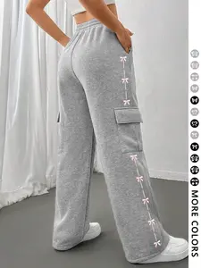 Women's Casual Loose Wide Leg Drawstring Pants, Butterfly Knot Geometric Print Straight Leg, Y2K Style, Valentine's Day Gift, Fall & Winter, Bottom