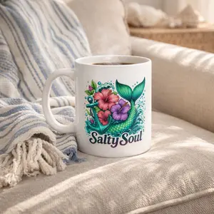 Salty Soul Coffee Mug Coastal Mermaid Beach Lover Gift Ocean Aesthetic Ceramic Mug 11oz Nautical Hibiscus Anchor Mermaid Tail Seaside Coastal Living Coffee Tea Mug Microwave Safe Dishwasher Safe