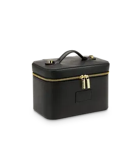 Etoile Mini Vanity Case - Black Vegan Leather Makeup Bag with Removable Divider & Double Zipper Closure - Eco-Friendly Cosmetic Organizer