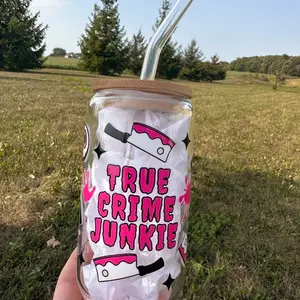 Pink True Crime Junkie reusable cup