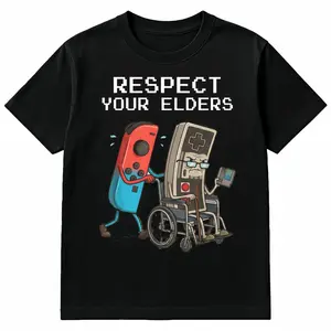 HAGBDH Women's Short-Sleeve Round Neck T-Shirt, Funny Retro Gamer Graphic Tee with "Respect Your Elders" Print, Vintage Video Game Controller Design, Casual Cotton Top for Outdoor Activities, Shortsleeve