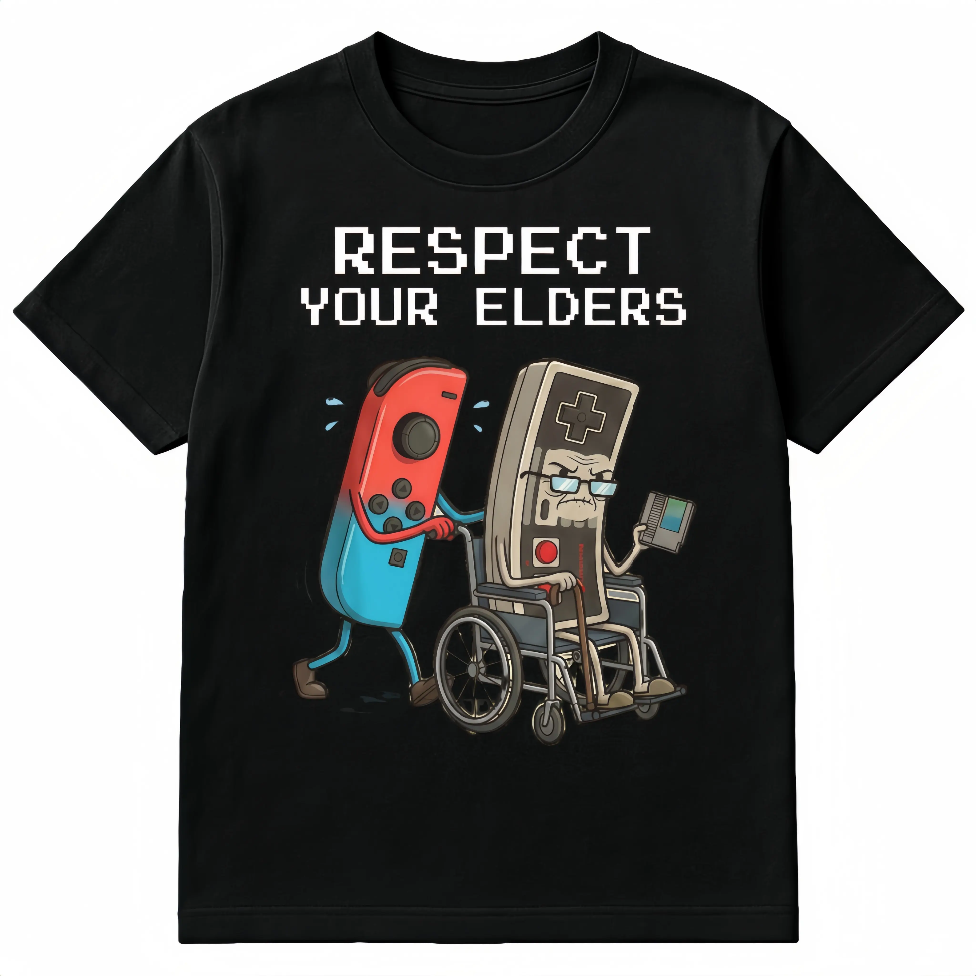 HAGBDH Men's Retro Gamer Cotton T-Shirt, Short Sleeve Round Neck Top with 'Respect Your Elders' Humorous Quote & Vintage Controller Design, All Seasons Casual Tshirt, Machine Washable, Cold Wash
