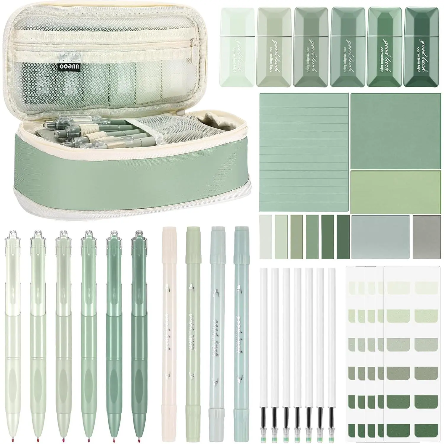 Aesthetic School Supplies Kit (Green Classic, 38-Count) with Pen Case, Sticky Notes, Gel Pens, Highlighters, Correction Tapes - Back to School Haul for Cute Supplies, Family, Work Use, Retractable Black Ink Pens