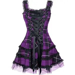 Vintage Plaid Bandage Gothic Women A-line Dresses Grunge Aesthetic Lace Trim Patchwork Mini Dress Punk Bodycon Sexy Partywear Statement Sleeveless Fabric Womenswear