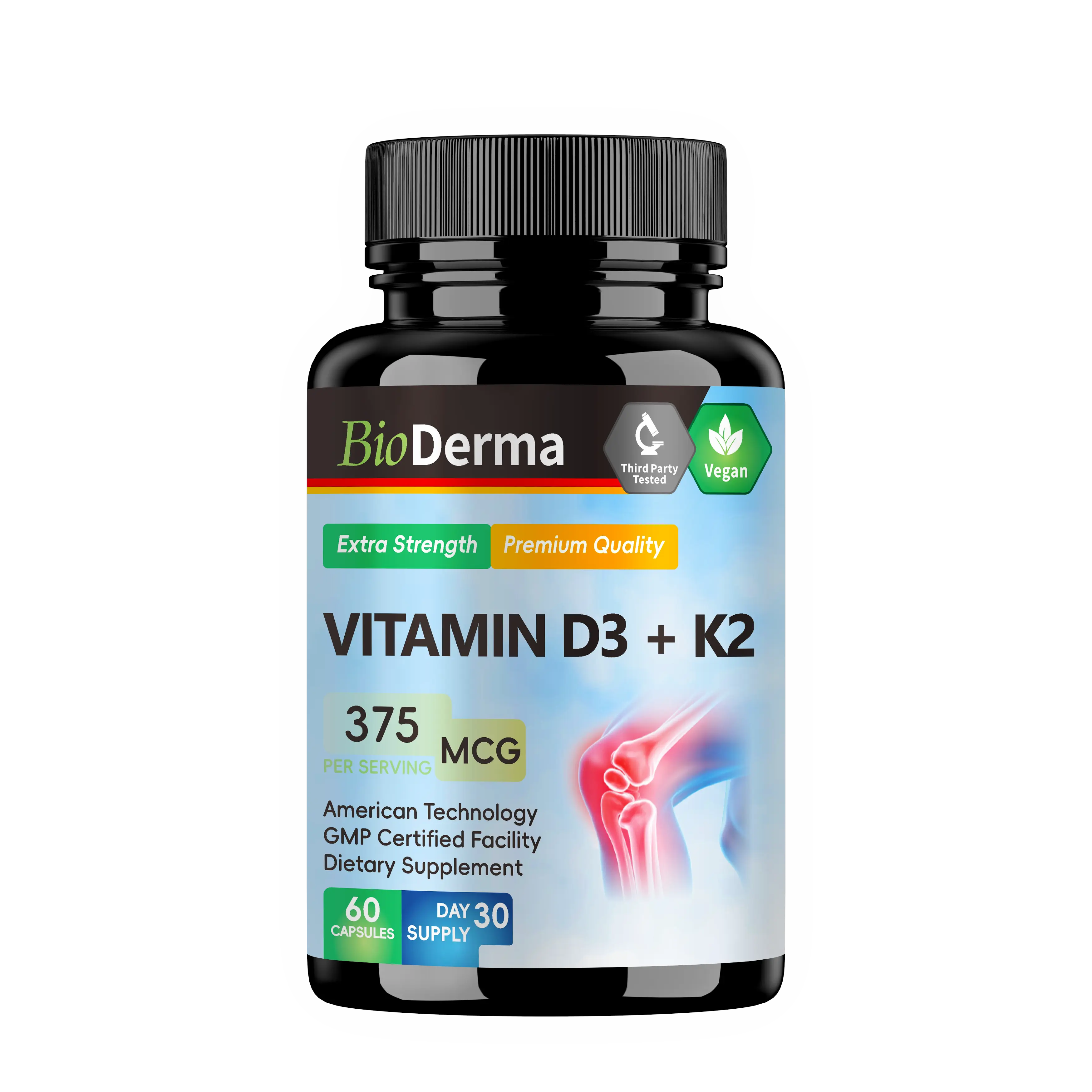 BioDerma Vitamin D3 + K2 375 mcg 120 Softgels Infused with Sunflower Seed Oil Vegan Non-GMO Gluten-Free Capsules Extra Strength Premium Quality