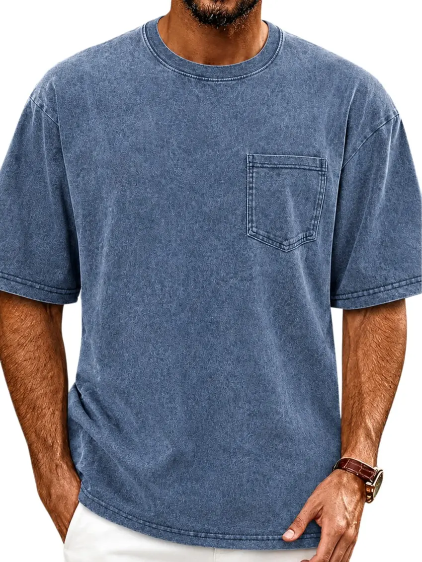 Men's Washed Denim Pocket T-Shirt, Oversized Crew Neck Short Sleeve Tee, Vintage Casual Streetwear Summer Top