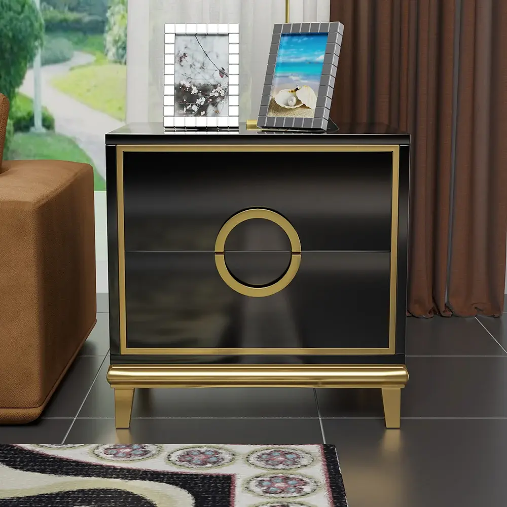 Homary 2-Drawer High Gloss Black Contemporary Cuboid Nightstand - Gold Finish High-Quality Exquisite Assembled Indoor Furniture Bedside Table, High-Quality Bedside Tables, Exquisite Bedside Tables