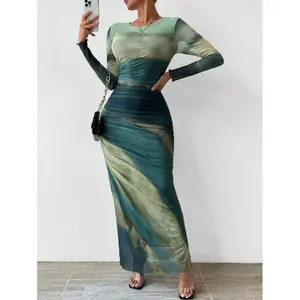 Women’s all-over print ruched bodycon dress, elegant long-sleeve round-neck maxi dress for parties, holidays, and wedding guests; ladies’ casual wear for all seasons; tummy-concealing dresses