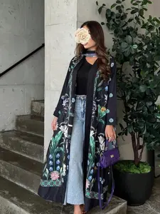 Floral Printed Loose Fit Abaya Outerwear, Elegant Chic Long Cardigan with Attached Headscarf, Middle Eastern Luxurious Elegance Women's Clothing