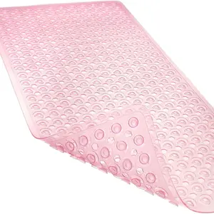 Non-Slip Bathtub and Shower Mats, Power Grip Bath Mat 35 x 16.3 Inch with Suction Cups and Drain Holes for Tub Bathroom Floor Safety, Machine Washable Soft Bathmat, Clear Pink