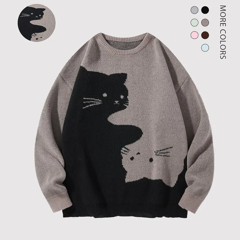 Men's Long Sleeve Round Neck Loose Jacquard Knit Pullover Jumper - Cute Cartoon Cat Print Polyester Autumn Winter College-Style Casual Adults' Clothing, Mens Gifts Clothes Products That Complements Jeans or Chinos