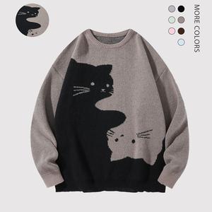 Men's Long Sleeve Round Neck Loose Jacquard Knit Pullover Sweater - Cute Cartoon Cat Print Menswear, Polyester Autumn Winter Fashion Outfits, College-Style Casual Human Tops, Guys' Gift Pairing with Jeans