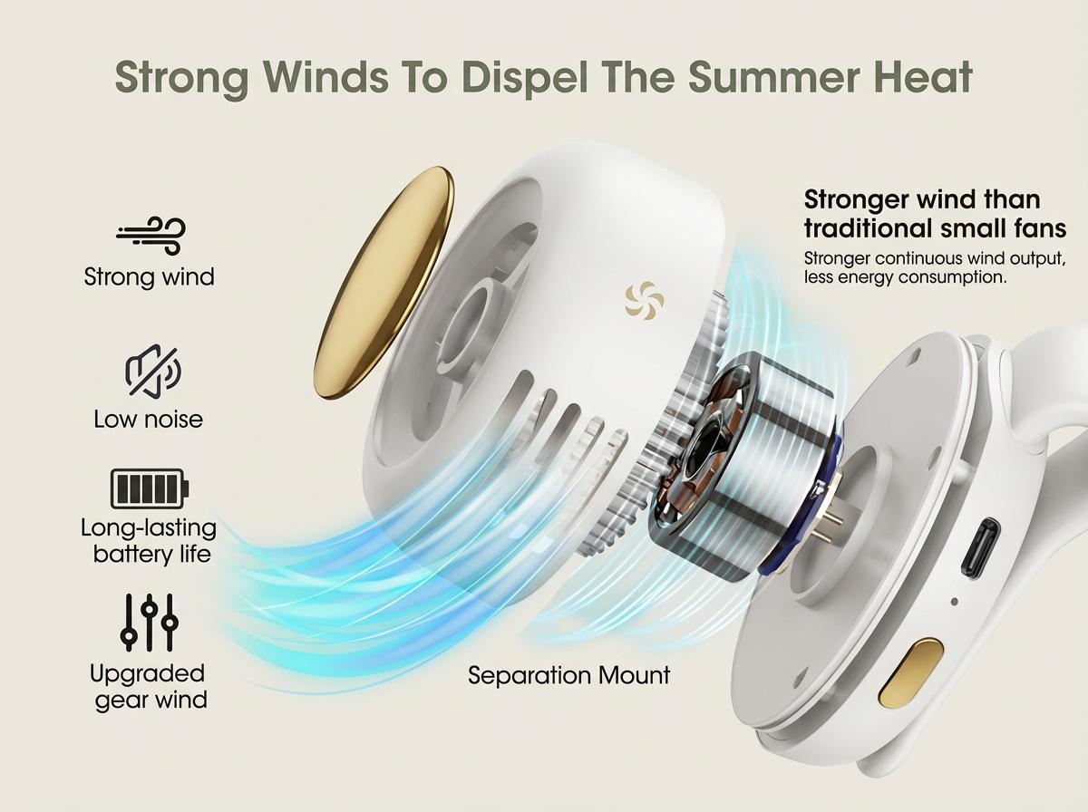 Mini Bladeless Fan. Portable, rechargeable, and silent. Features 3 adjustable speeds, a rotating body, and versatile use as a handheld, waist-mounted, or phone cooling fan. Ideal for outdoor travel,Perfect Gift