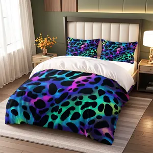 3pcs Colorful Leopard Print Quilt Set, Soft Polyester Fabric, Zipper Design, Modern Style Bedding Essentials