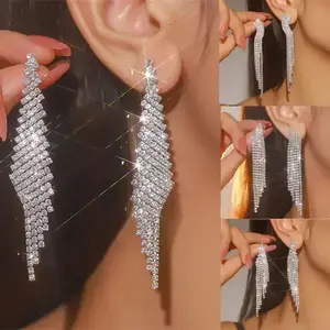 Fashion Long Tassel Crystal Drop Earrings for Women Shine Silver Color Rhinestone Dangle Earring Wedding Party Jewelry