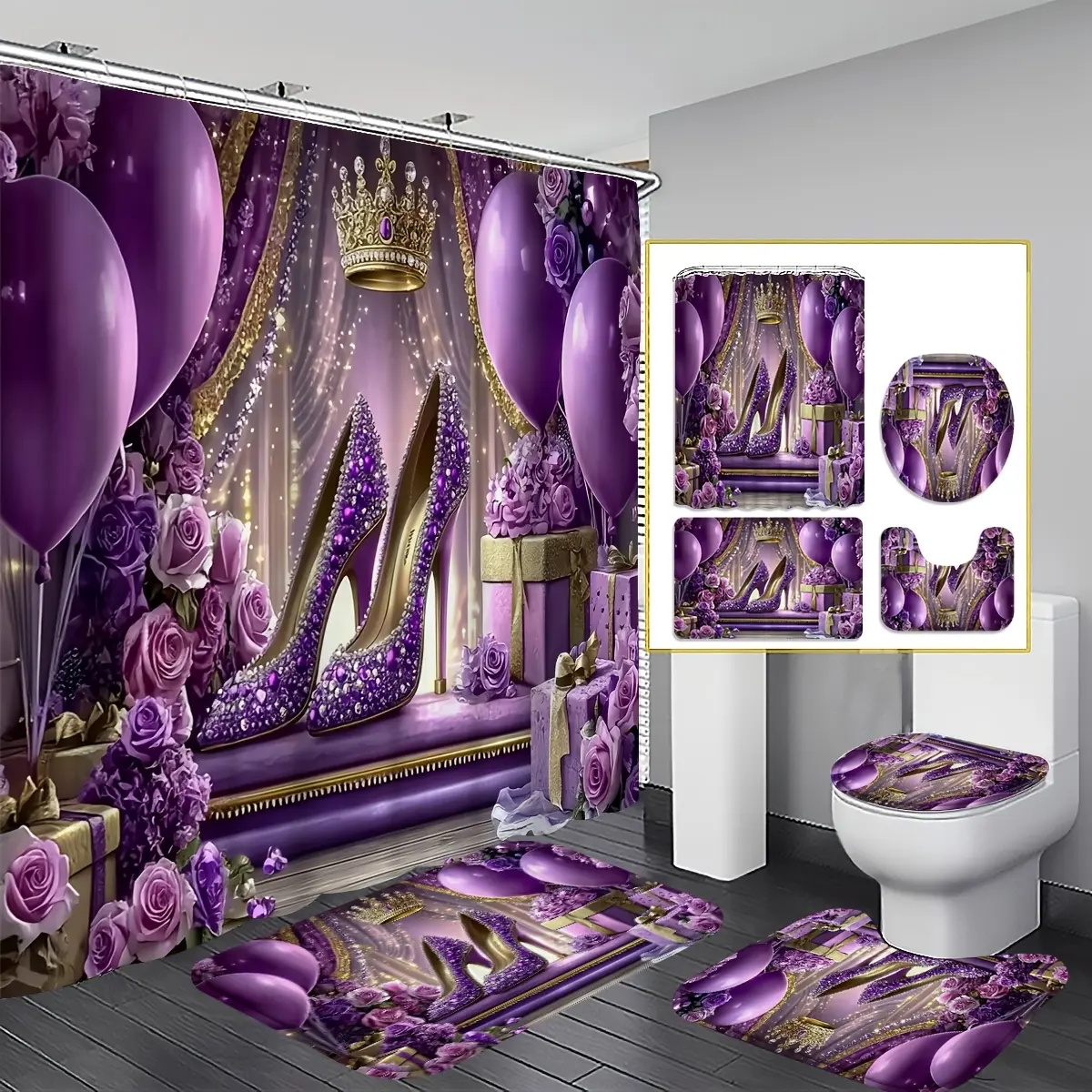 Retro Flannel-Polyester Print Waterproof Purple Sparkling Shower Curtain Set (180x180cm) - 1/4pcs Options, A/U-Shaped Toilet Lid Cover, 12 Hooks, Princess Aesthetic Bathroom Decor for Bedrooms, Guest Rooms
