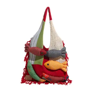 Cute knitted tote bag with a 3D fish decoration, large-capacity shoulder/hand carry bag, Bohemian style—your new summer favorite bag, suitable for everyday travel and various outfits.