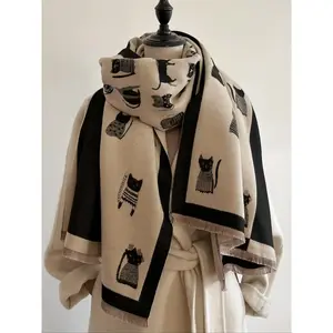 Unisex Casual Cat Jacquard Double Sided Scarf, Thick Woven Fabric, Fitted Design, Perfect for Fall & Winter Daily Wear, Warm and Cozy