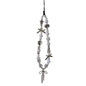 Silver gray bow artificial pearl string phone chain fashion phone case and earphone cover pendant universal accessory lanyard cord, Phone Accessories, Cell Phone Charm