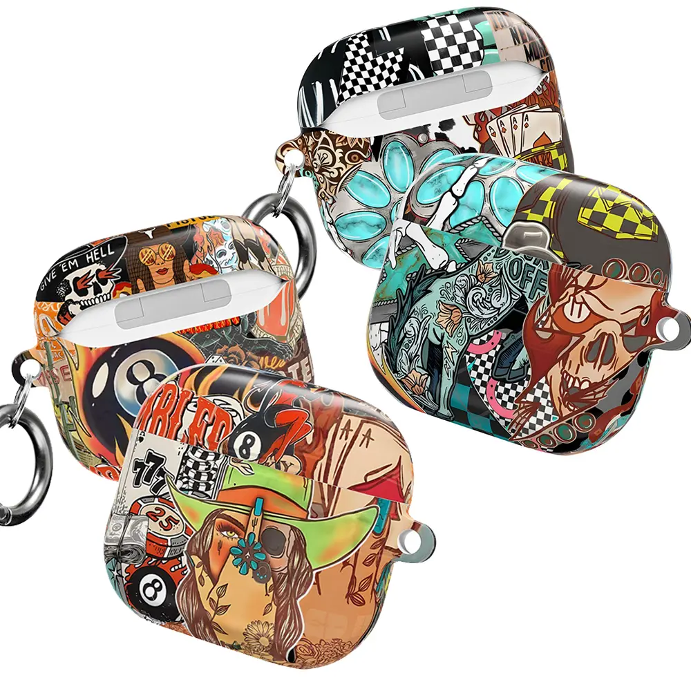 Retro Tattoo Collage AirPods Case – Bold Pop-Art Designs Featuring Skulls, Playing Cards, Checkerboard Patterns, Flowers & Stylized Characters with Sunglasses, Fits AirPods Pro (Gen 1/2) & AirPods (Gen 1/2/3), Perfect Gift for Retro & Artistic Fans