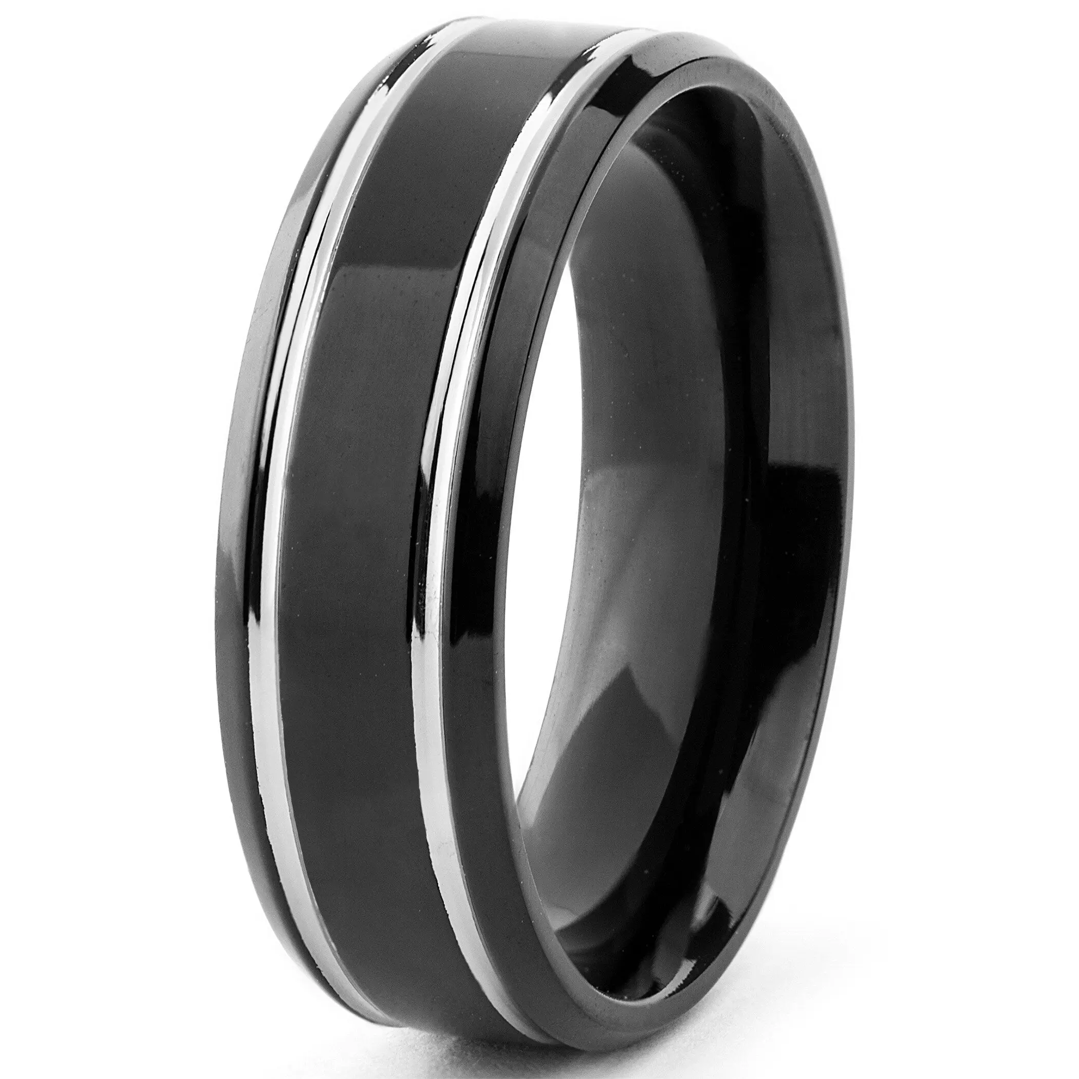 Men's 7 mm Black Titanium Wedding Band Ring for Adults - 2 Grooves, Fit, Hypoallergenic, High Polish, Elegant, Sizes 7 to 13