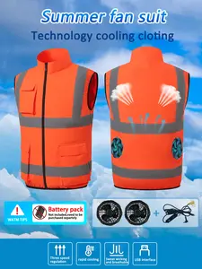 Men's Outdoor Casual Workwear Reflective Strip Vest Fan Cooling Air Conditioning Suit, Fitted Plain Style, One Piece Set, Reflective Safety Vest, High Visibility Vest