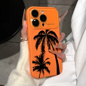 Coconut Tree Pattern Dopamine Ins Style Solid Color Phone Case with Ultra Skin friendly Touch, All Inclusive Lens Phone Case Suitable for iPhone 17 16 15 14 13 12 Pro Max Air
