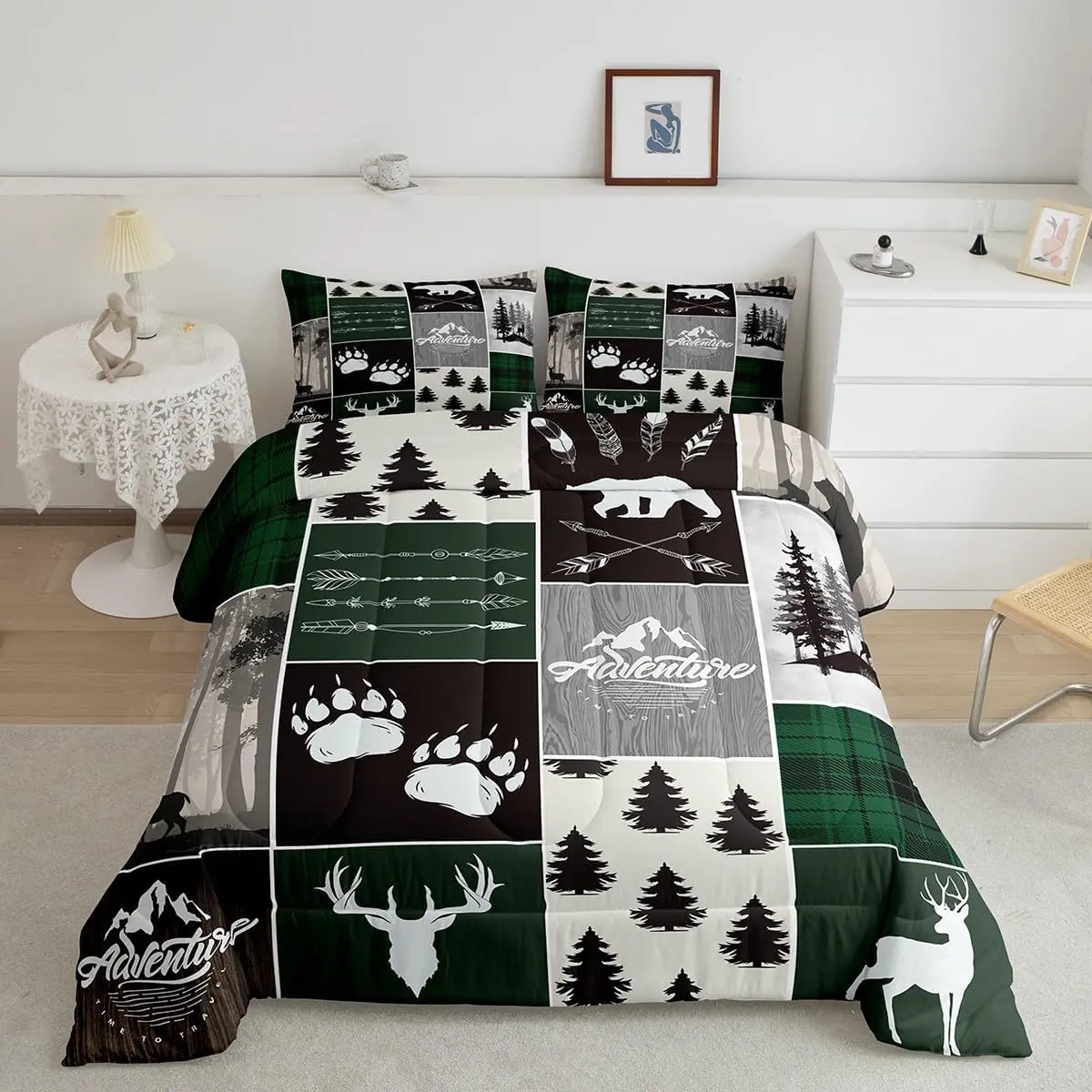Twin-Size Bear Printed Quilt Set - Breathable Luxury Bed Cover Set, Rustic Cabin Western Wildlife Theme Bedding, Country Linens