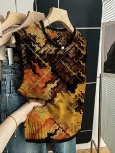 Women's Casual Loose-Fitting Round Neck Sleeveless Knit Top Vests, Deep Blue Color Block Print, Fall & Winter Fashion, Womenswear, Perfect for