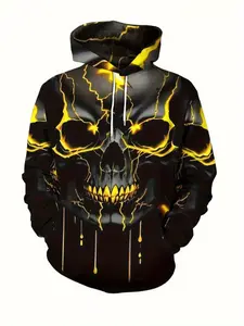 Men's Plus Size 3D Skull Print Drawstring Graphic Hoodie, & Street Style Sweatshirt, Kangaroo Pocket, Medium Stretch Fabric, Printed Hoodies