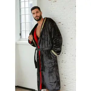 The Royal King Robe ~ double layer fleece, red interior, black exterior, with gold Greek key trim ~ ultra plush mens bathrobe, stylish loungewear