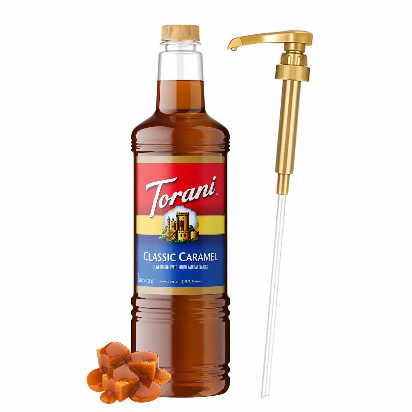 Torani Classic Caramel Syrup, 1L Bottle with Pump - Sweet, Sugar-Infused Syrup for Beverages