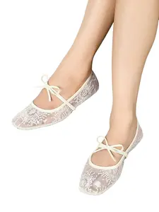 Bowknot Fairy Flat Shoes, Ballet Flats for Women, Breathable Lace Mary Jane Shoes with Square Toe, Casual Spring Summer Footwear, Fashion Shoes