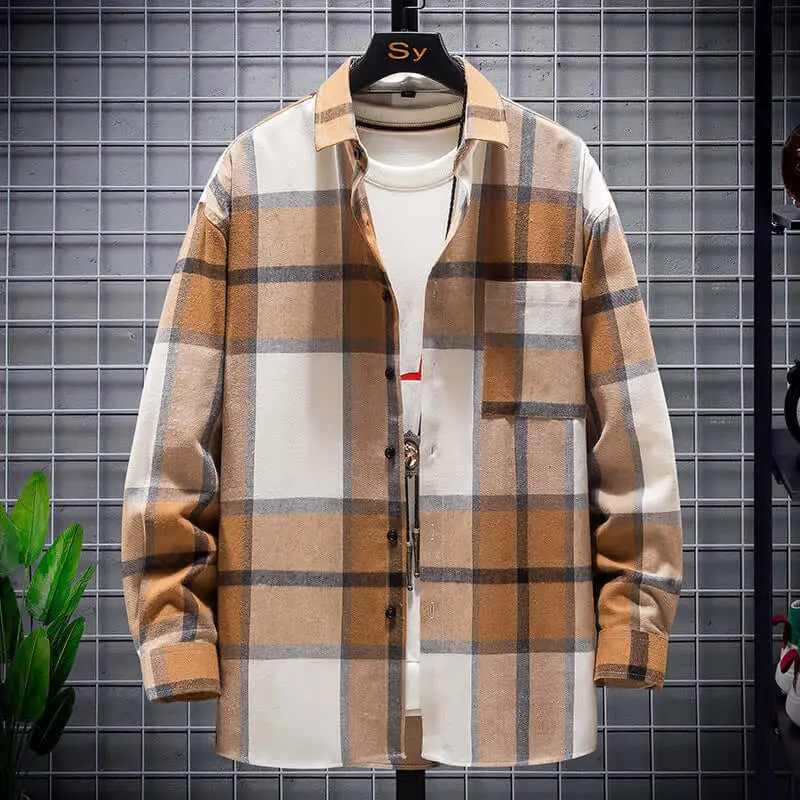 Men's Casual Checkered Plaid Print Long-Sleeve Loose Fit Brushed Polyester Shirt - Menswear Casual Soft-Fabric Top, Casual Checkered Shirt