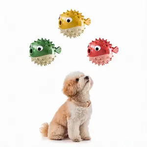 Durable TPR Puffer Fish Squeaky Dog Chew Toy - Chewable Interactive Toys, Treat Dispenser Puzzle, Teeth Cleaning Ball for Aggressive Chewers, Boredom Relief & Mental Stimulation for Puppies Small-Medium Dogs