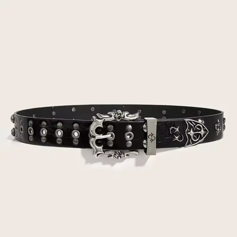 Gothic Studded Metal Belt with Grunge Look - Black PU Leather with Silver Studs and Unique Buckle Design Gothic Studded Metal Belt with Grunge Look - Black PU Leather with Silver Studs and Unique Buckle Design