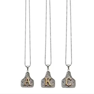 Your Signature Initial | Custom Western Ear Tag Necklace | Two-Tone Vintage Detail | Ships Fast from USA