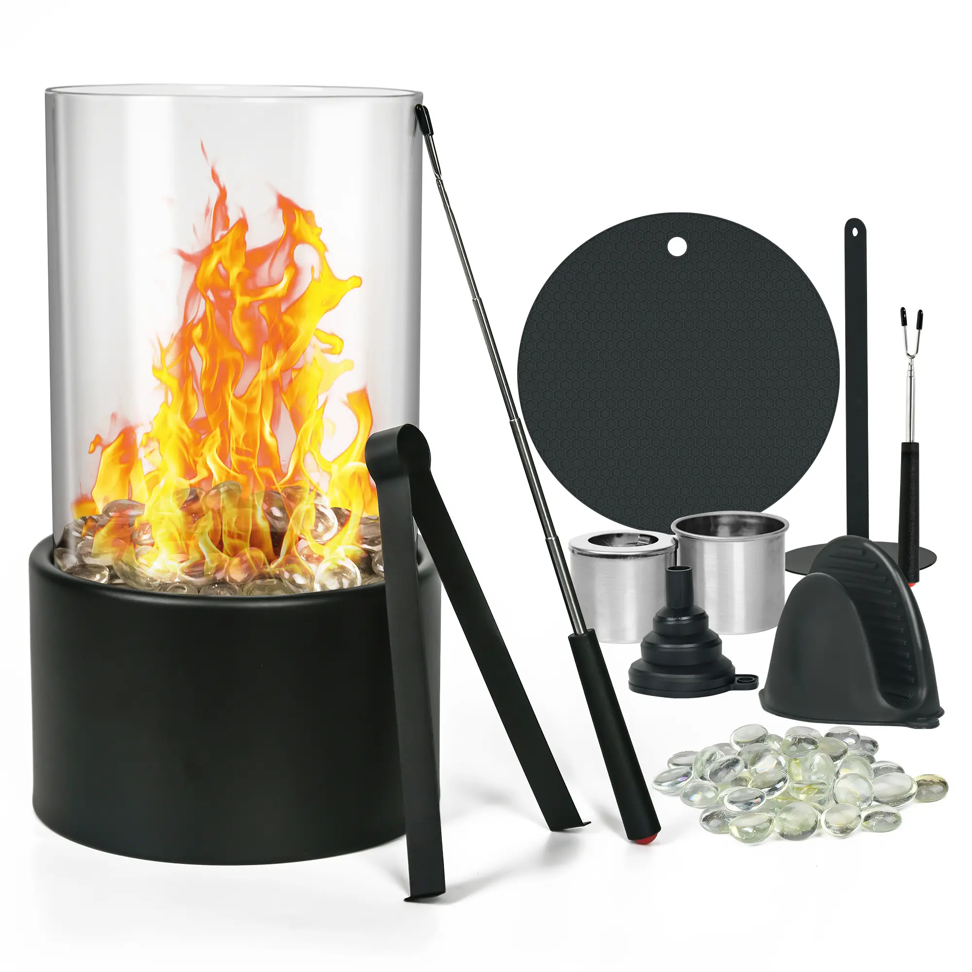 Tabletop Fire Pit Set - Indoor Outdoor Mini Fireplace with Heat-Resistant Glass, Roasting Tools, Fireproof Mat, Stones - Portable Flame for Home and S'mores