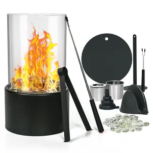 Tabletop Fire Pit Set - Indoor Outdoor Mini Fireplace with Heat-Resistant Glass, Roasting Tools, Fireproof Mat, Stones - Portable Flame for Home and S'mores