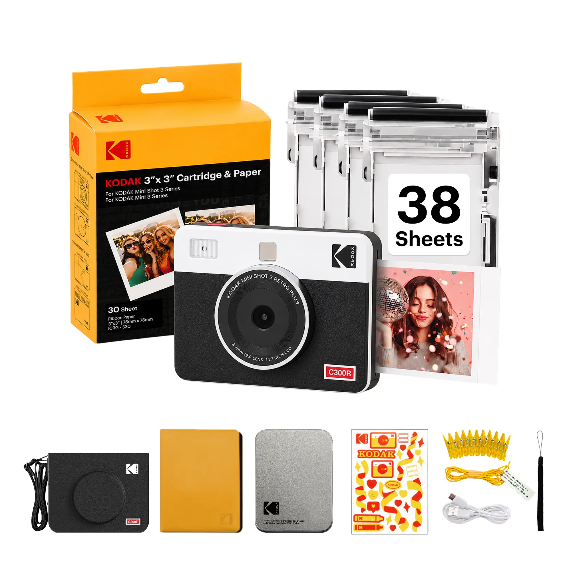 KODAK Mini Shot 3 Retro 3x3” Instant Digital Camera & Photo Printer, 38 Sheets Gift Bundle, 2-in-1 Portable Print Camera, Bluetooth Smartphone Printer for iPhone & Android, 4PASS Dye Sublimation