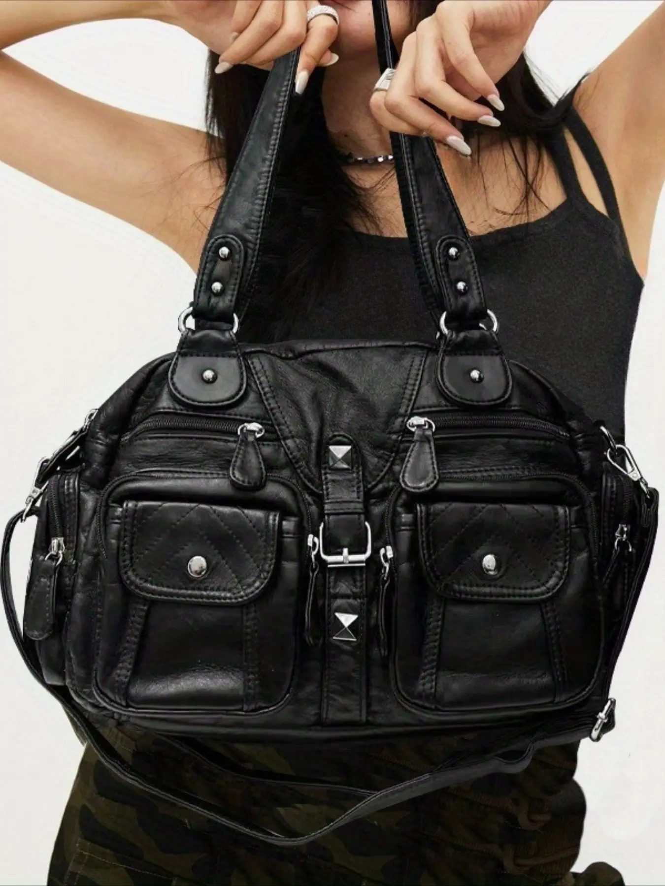 Ladies' retro casual handbag, Trendy crossbody bag, Fashion crossbody bag, Y2K motorcycle bag, street style imitation leather city bag, suitable for work, commuting, large capacity multi pocket crossbody