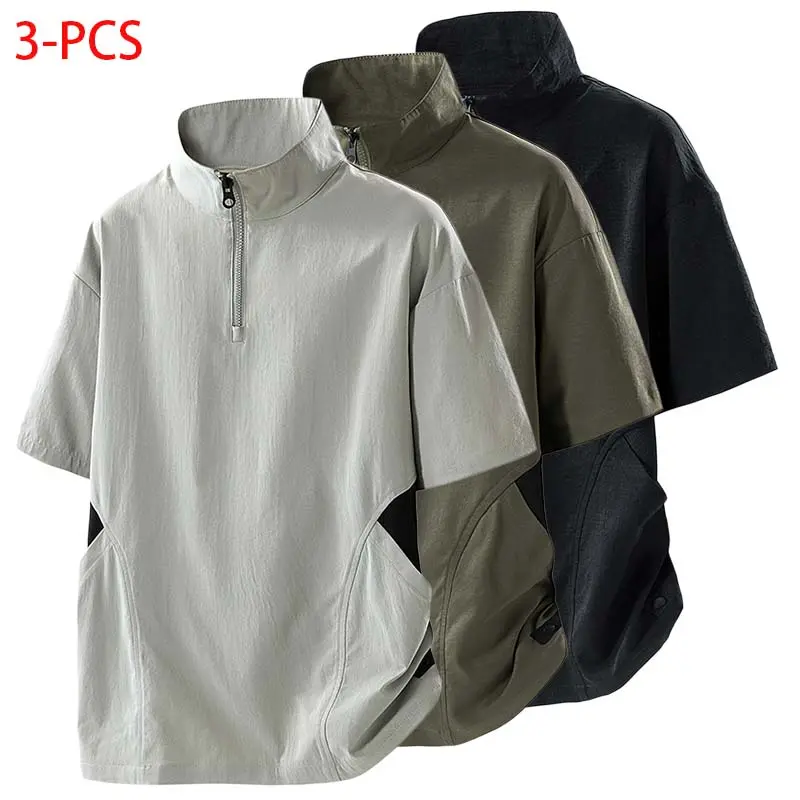 Men’s Stand-Collar Half-Zip Loose-Fit Lightweight Short-Sleeve Breathable Quick-Dry Outdoor Sports T-Shirt with Pockets, Mens Clothing #SummerWins