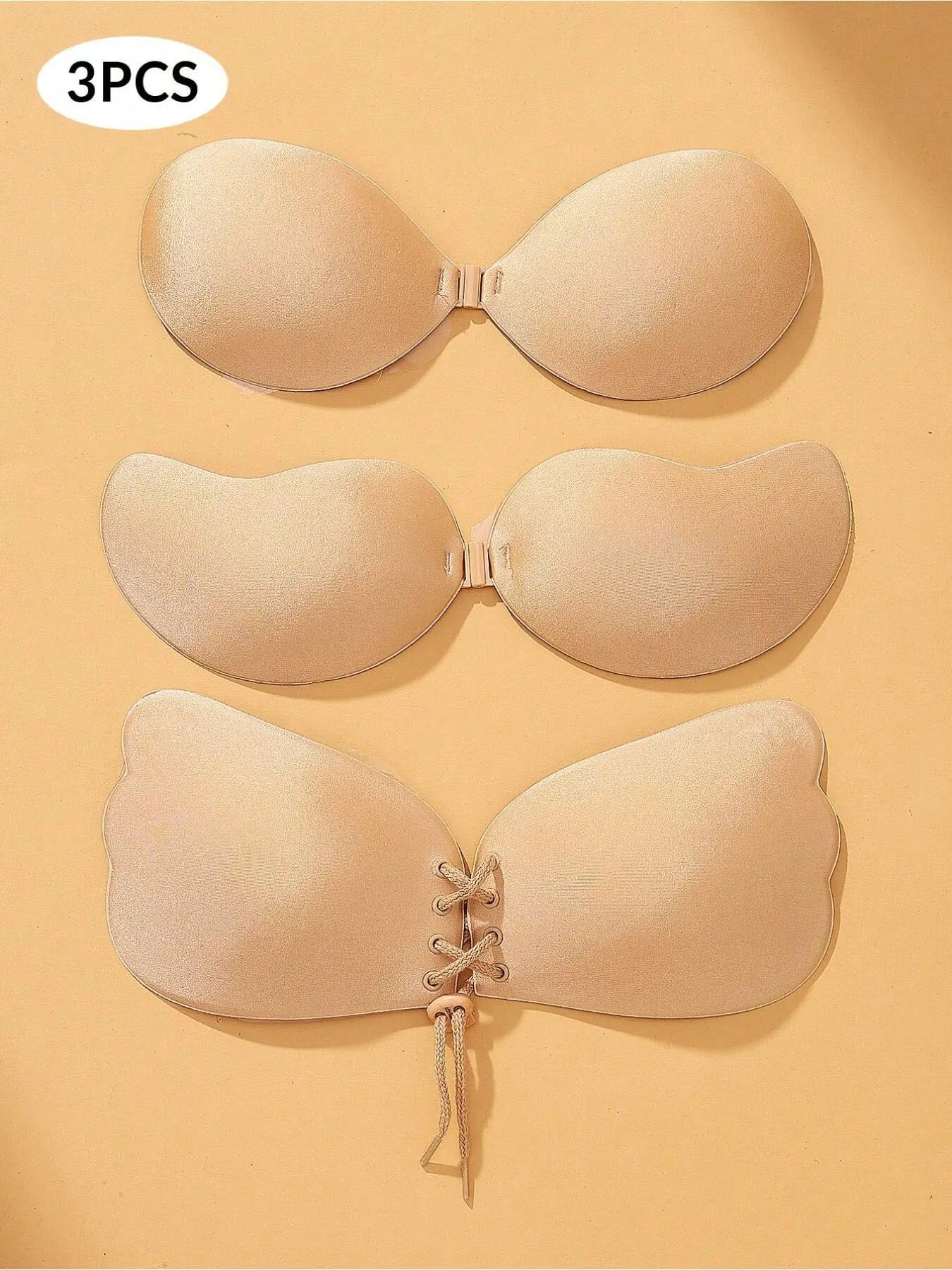 3 invisible adhesive bras, push-up adhesive bra, reusable. Strapless front-closure design, women's lingerie accessory, Wireless Bras