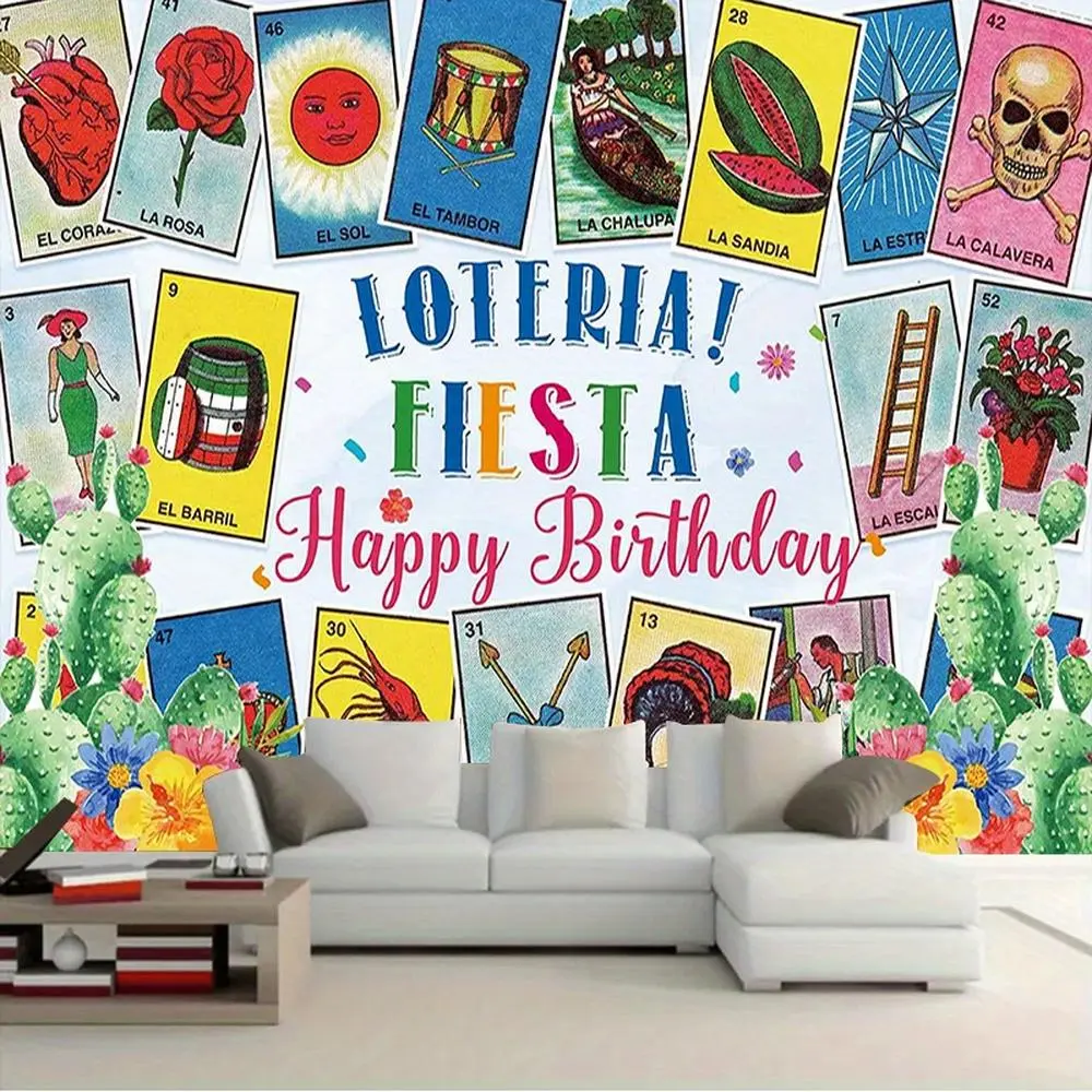 1pc 2D Flat Polyester Flower Mexican Fiesta Loteria Card Wall Hanging Backdrop, White Party Decor - Birthday Celebration Home Textile Banner, Studio Prop